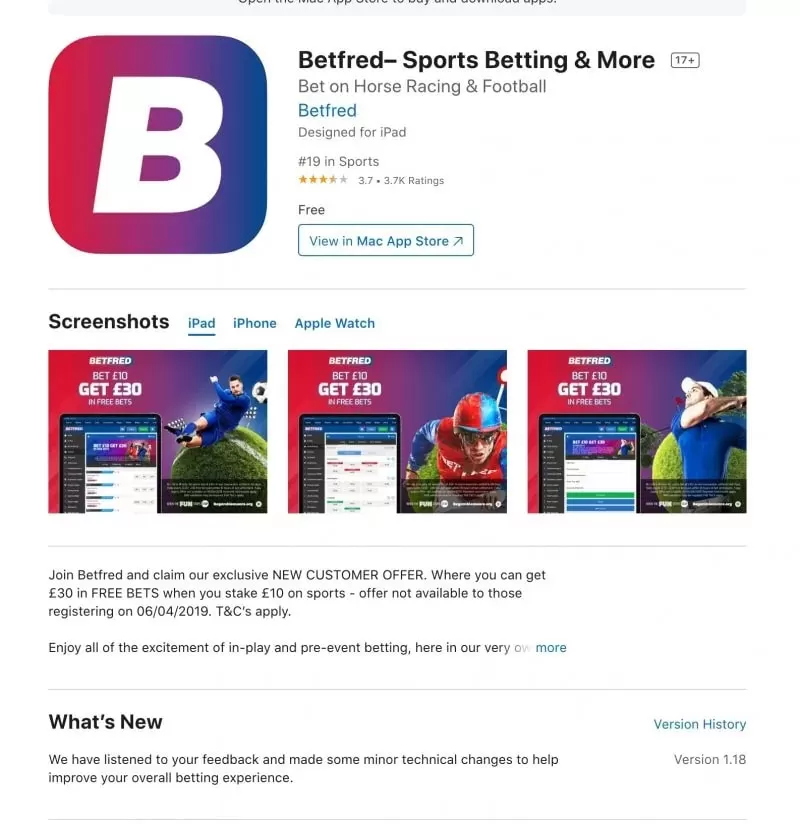 Screenshot of the BetFred iOS App