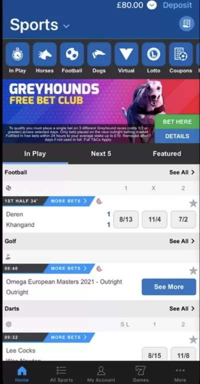 Screenshot of the Betfred App - Sports