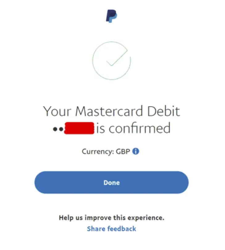 PayPal card added confirmation