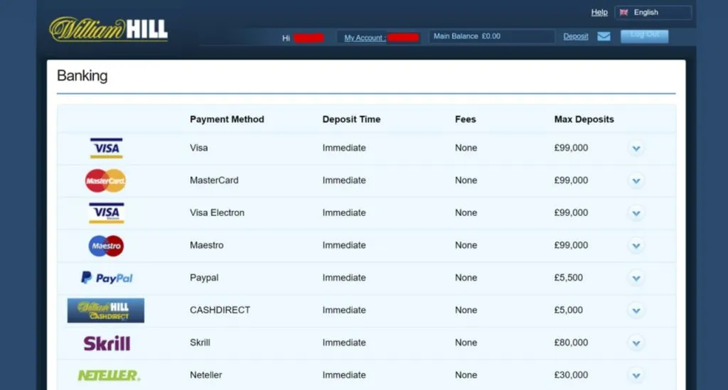 William Hill payment methods