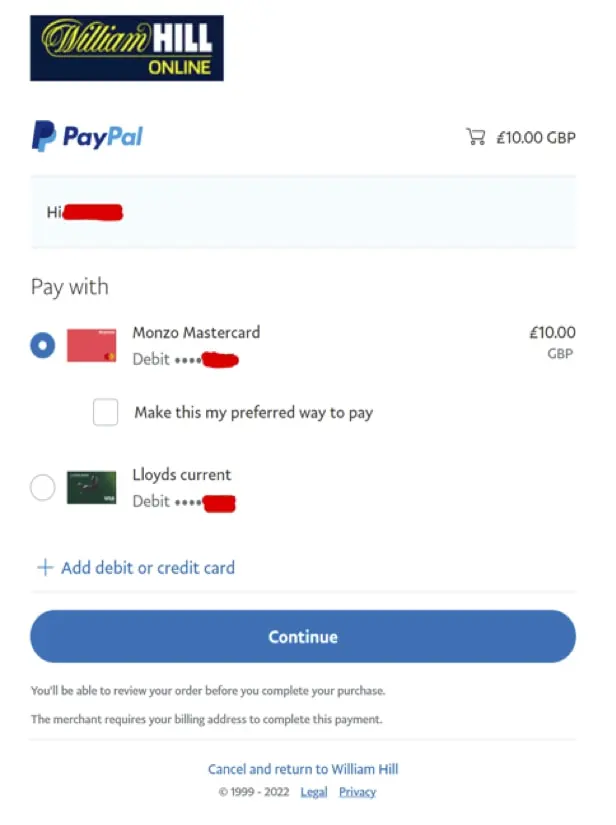 Choosing your PayPal payment method