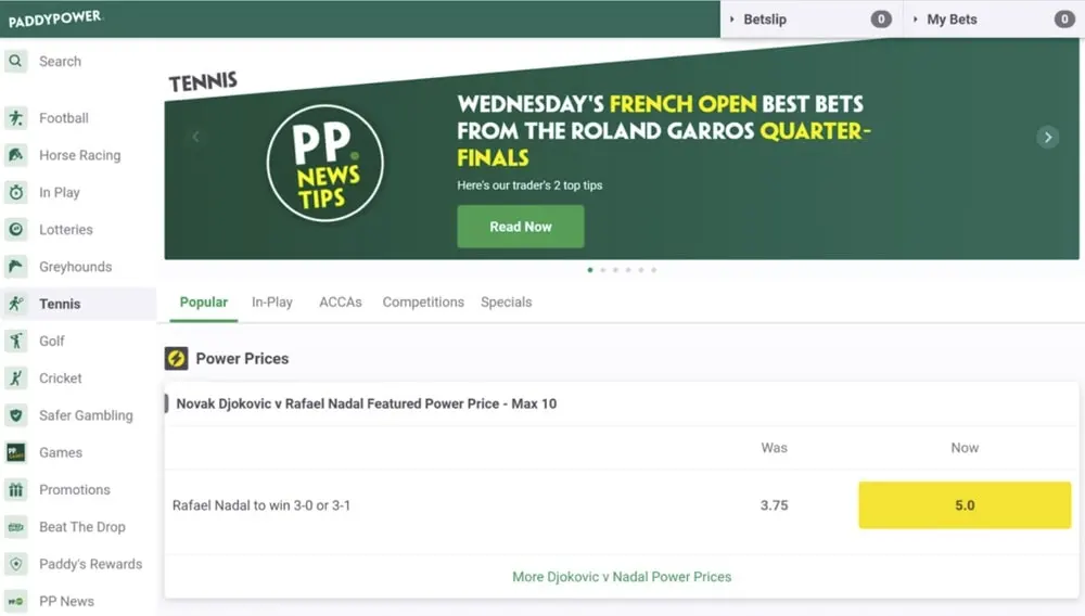 Paddy Power's tennis betting options