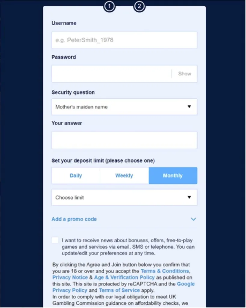 Creating an account at William Hill