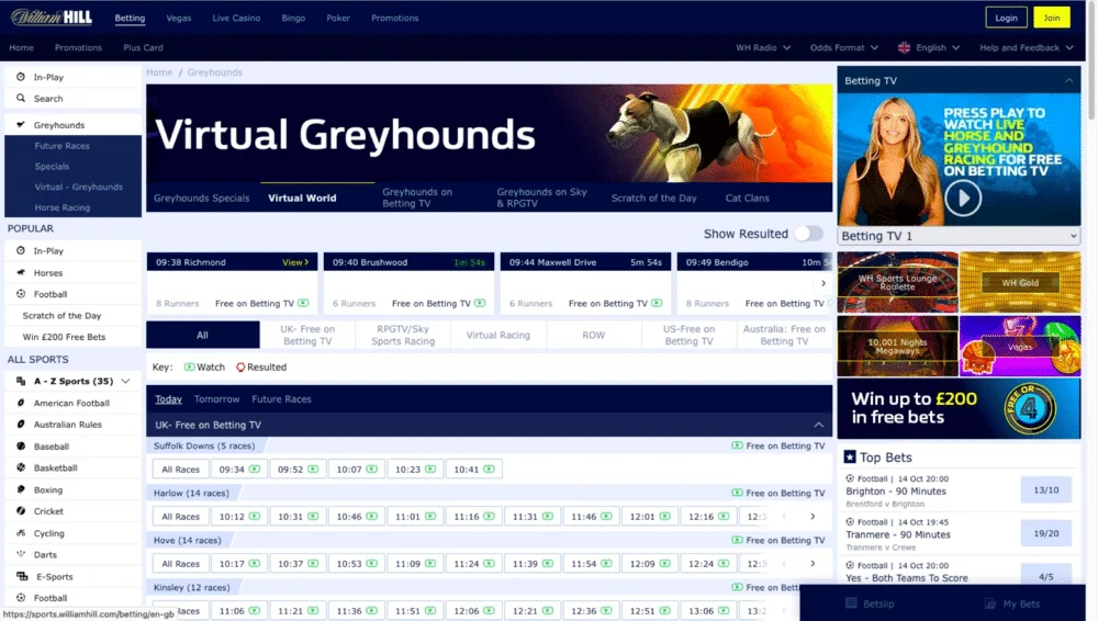 William Hill's extensive greyhound betting selection