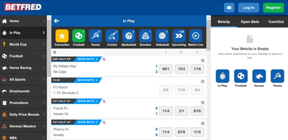 Betfred's live betting selection