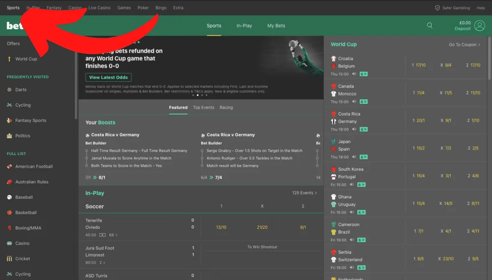 Viewing bet365's Sports Section